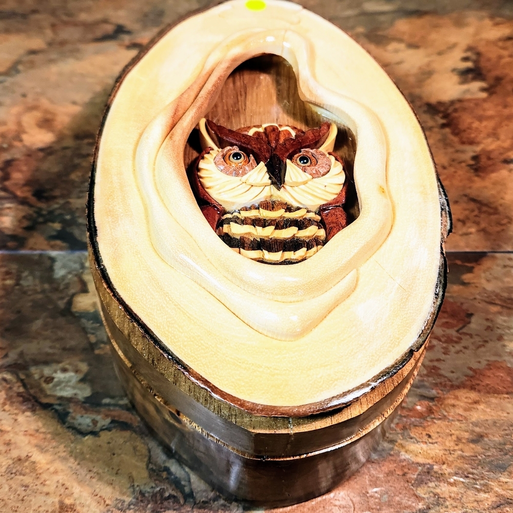 Intarsia Wooden Art Owl Puzzle Jewelry/Trinket Box • Home Decor •Handcrafted.